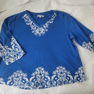 Chico's Royal Blue and White Floral Blouse
